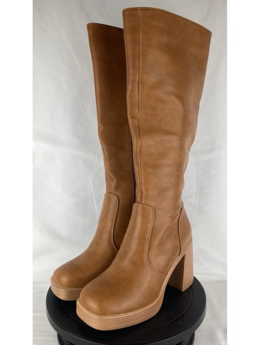 NEW Women’s 6 Knee High Platform Boots Tan Brown Square Toe Chunky Block Heel